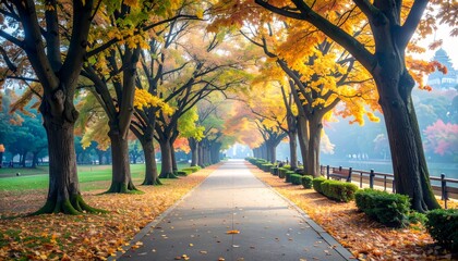 Naklejka premium Autumn landscape, fall nature scene, beautiful autumnal park in golden sunset light