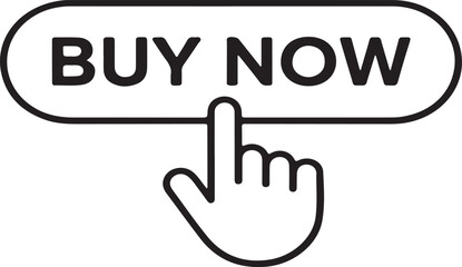 Fototapeta premium Illustrated black and white buy now button graphic with clicking hand gesture