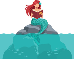 Mermaid with red hair reading book on rock in turquoise water vector illustration 