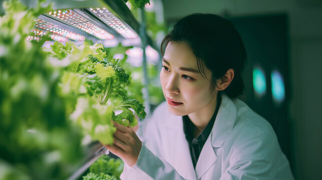 屋内での水耕栽培で葉野菜を丁寧に観察する若い女性研究者のクローズアップ（テクノロジー・農業・屋内農園・LED・植物工場）
