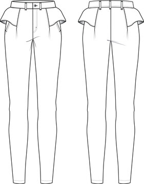 Women&rsquo;s High-Rise Skinny Fit Jeans with Peplum Waist &ndash; Technical Drawing and Fashion CAD Mockup, Front and Back Views