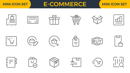 E-Commerce set of web icons in line style. Online shopping icons for web and mobile app. Business, mobile shop, digital marketing, bank card, gifts, sale, delivery. Vector illustration