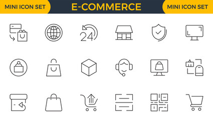 E-Commerce set of web icons in line style. Online shopping icons for web and mobile app. Business, mobile shop, digital marketing, bank card, gifts, sale, delivery. Vector illustration