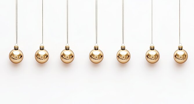 Golden baubles strung across a white backdrop