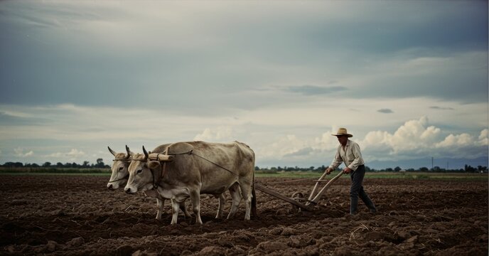 Oxen-Powered Farming: An Old-Fashioned Agricultural Scene Under Cloudy Sky