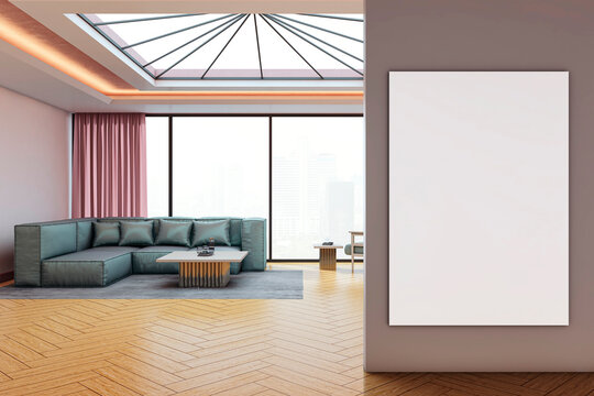 Vertical blank canvas mockup on wall in modern living room interior with skylight ceiling, wood flooring, and city view background. 3D Rendering