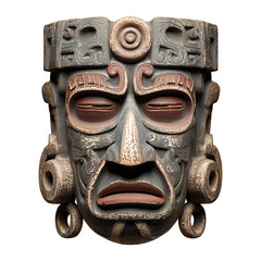 A detailed Mayan mask, showcasing intricate design and historical significance. The mask has a worn texture and carved details, the face with closed eyes, a prominent nose and open mouth
