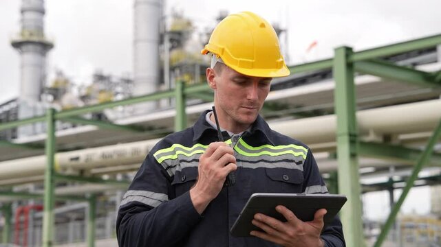 Male engineer or technician worker in safety gear talking with walkie talkie checking on digital tablet working at construction site. Background of oil refinery factory, petrochemical industry 