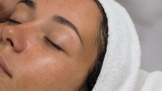 Close-up of woman getting micro-needling procedure at beauty salon. Face with freckles having skincare treatment using a derma pen. Beauty concept, rejuvenation.