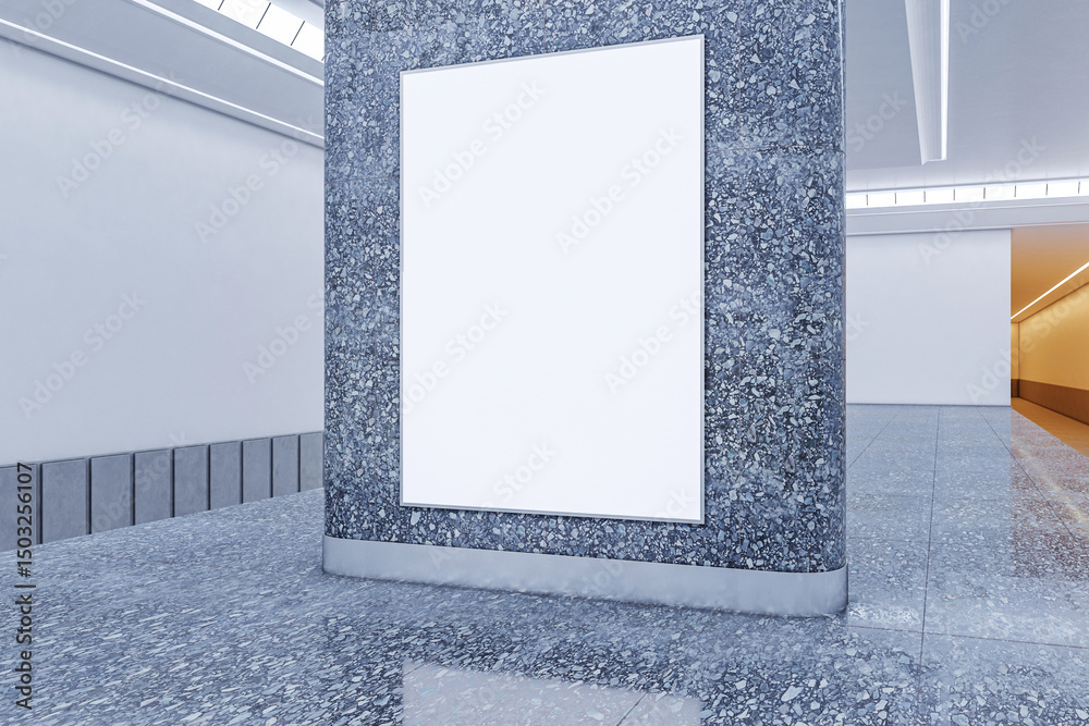 Poster vertical blank poster mockup on marble wall in modern empty interior hallway with abstract lighting 