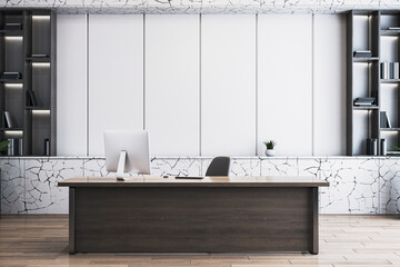 Modern corporate office interior with dark wood desk and minimalist decor in contemporary clean...