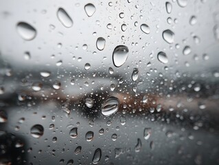 Raindrops on Glass: Capture a serene and moody atmosphere with close-up shot of raindrops clinging to a glass surface, reflecting the somber grey hues of the rainy day outside.
