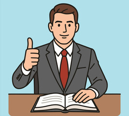 Confident businessman giving thumbs up while sitting at desk with open book smiling professional illustration