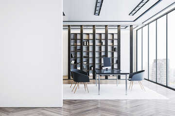 Modern luxury corporate office interior with blank white wall and stylish furniture in high-rise building with city view through glass windows. 3D Rendering