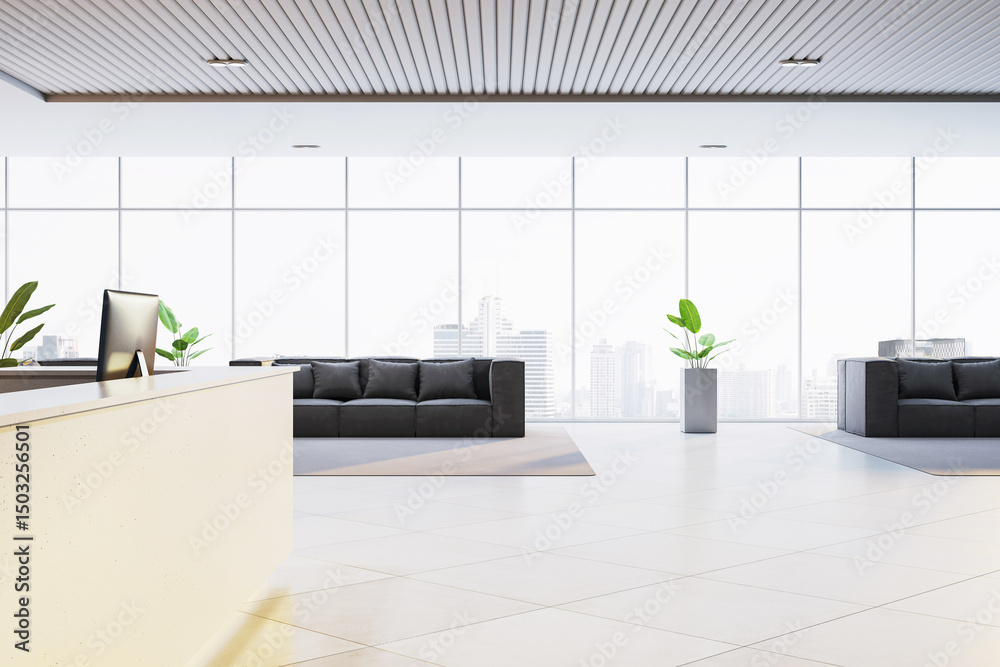 Poster modern office reception interior with light desk, black sofas, large windows and city view in contem