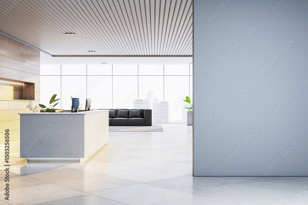 Poster modern empty office reception interior with light desk and city view through large windows, clean co