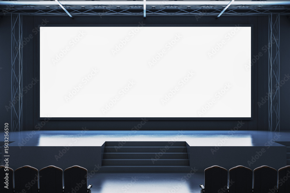 Poster large empty white display screen on modern conference stage with dark interior lighting and chairs i