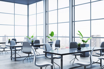Modern empty corporate office interior with clean design, large windows, and light-filled contemporary workspace overlooking city skyline. 3D Rendering
