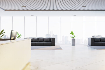 Modern office reception interior with light desk, black sofas, large windows and city view in contemporary empty business environment. 3D Rendering