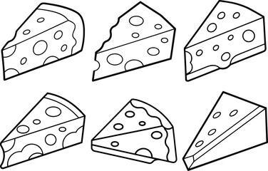 Set of cheese slice outline coloring book page line art vector illustration