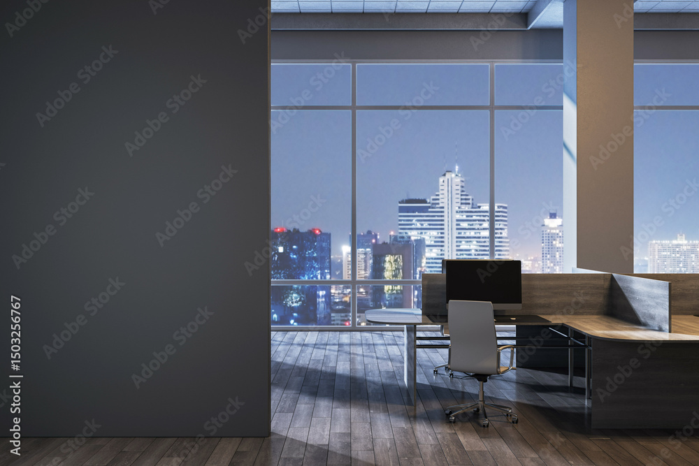 Poster modern corporate office interior at night with empty desk and large city view window, dark blank wal