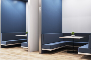 Modern minimalist lounge seating interior with blue cushioned booths and wooden flooring in commercial building corner space. 3D Rendering. 3D Rendering