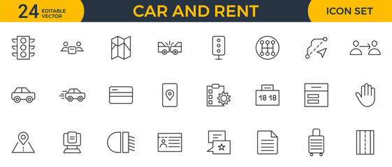 Car and rent linear icon set. Automobile business, car rent, repair, transport, travel, car sharing and transport outline icon collection.