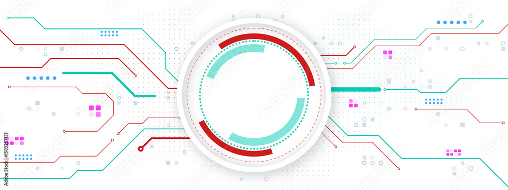 Poster Futuristic circular interface with digital circuit lines on light background, representing modern technology concept and connection design. 3D Rendering