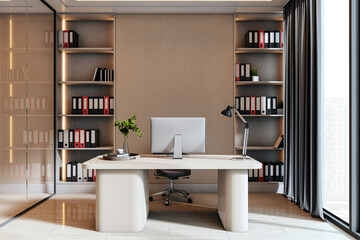 Modern executive office interior with sleek desk, shelving, and clean corporate design in contemporary building with large window and city view. 3D Rendering