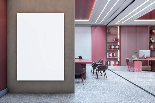 Vertical blank poster mockup on concrete wall in modern pink corporate office with glass divider, stylish furniture, and clean interior design. 3D Rendering