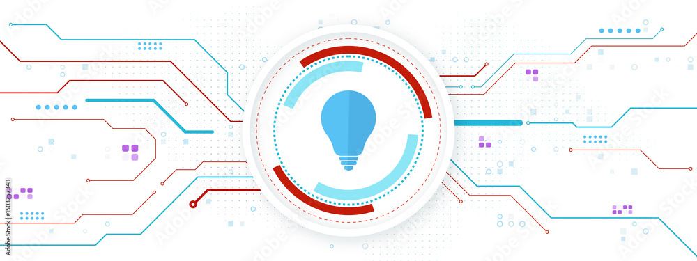 Poster Abstract lightbulb symbol in circle with circuit lines and dots on white background representing creative technology and innovation concept. 3D Rendering