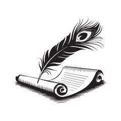 Peacock Feather Quill and Scroll – Vector Illustration