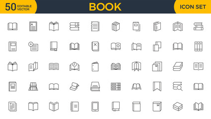 Book line icon collection. School, education, various books, literature, dictionary, audiobook, learning, library and e book icons set.