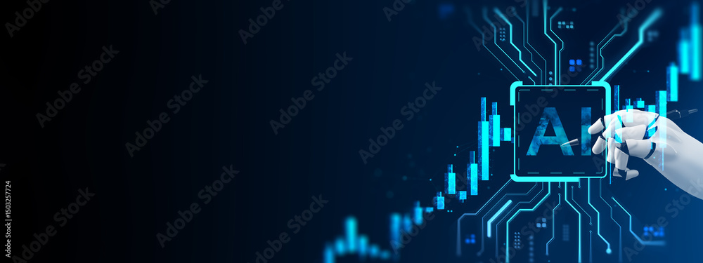 Aufkleber futuristic ai background with robotic hand, glowing circuit lines and digital stock chart bars on a 