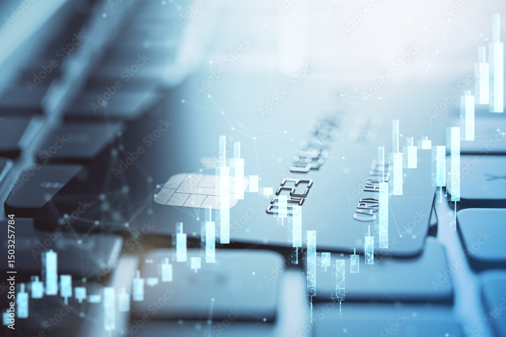 Poster credit card on computer keyboard with digital financial graph overlay representing online banking an
