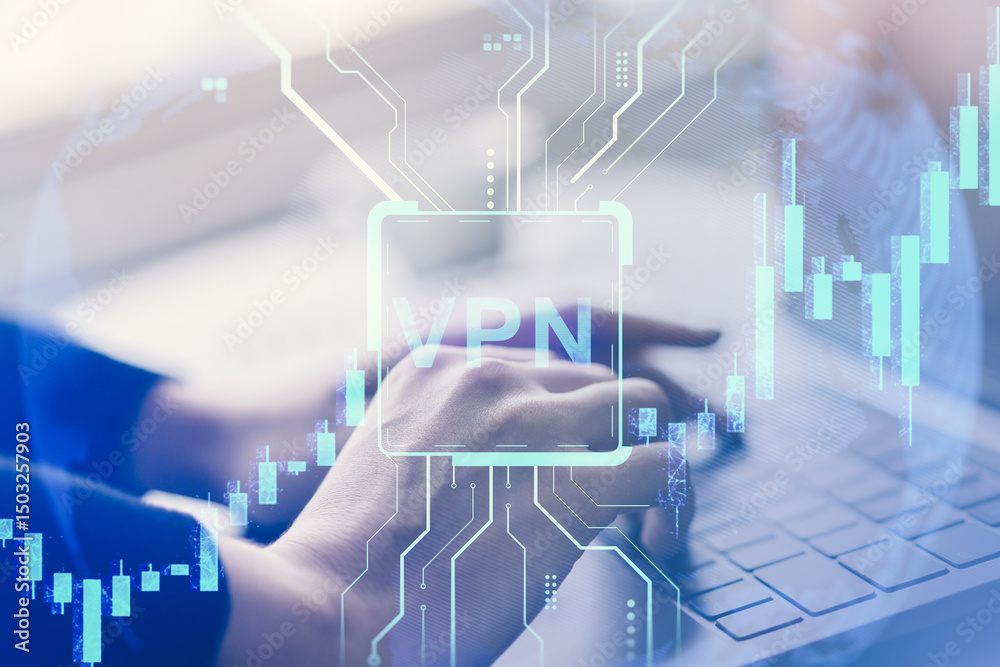 Poster Close-up of person using laptop with holographic VPN and cybersecurity interface overlay on blurred background in light blue tones.