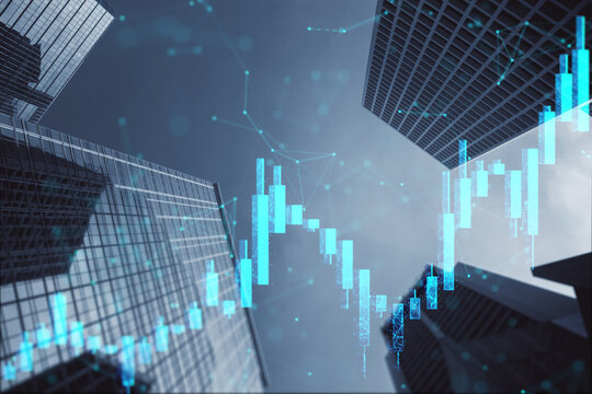 Financial stock chart hologram over modern skyscrapers in city center, symbolizing economic growth, investment, and digital market analysis.