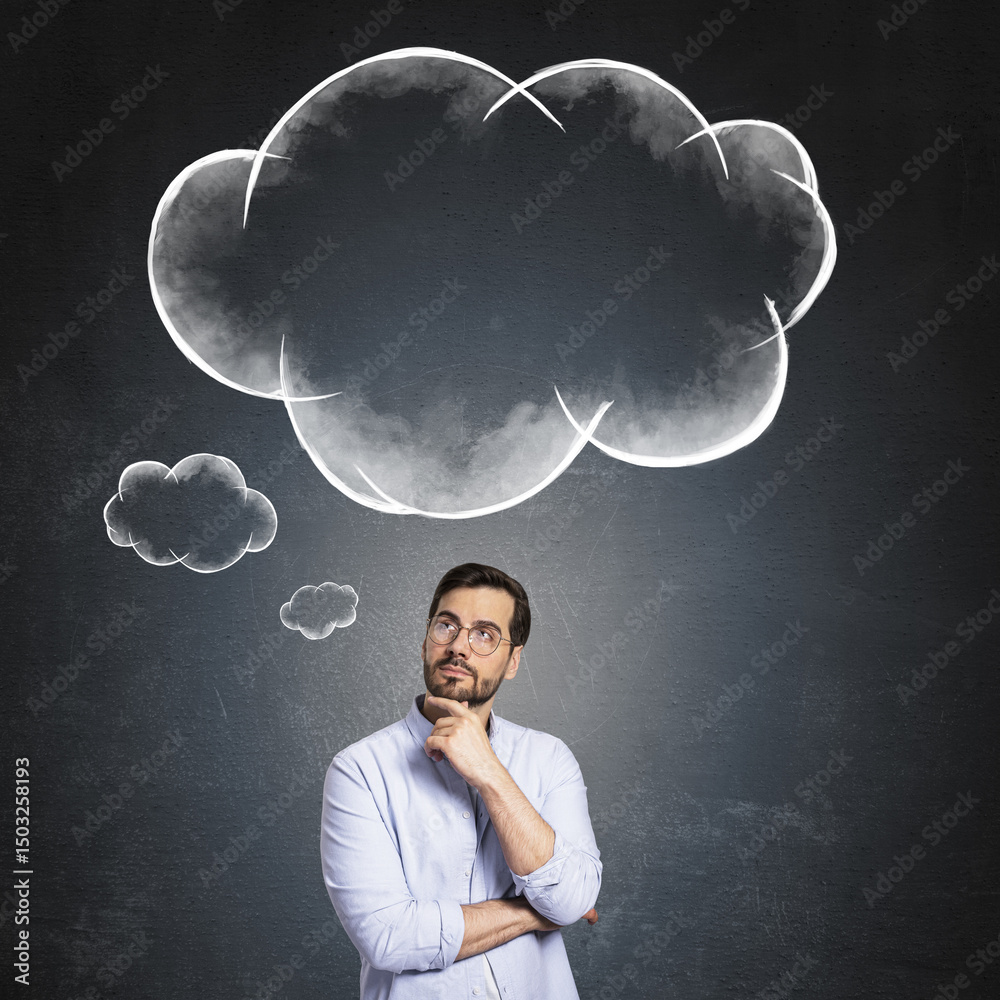 Poster thoughtful businessman with hand on chin standing against chalkboard background with drawn cloud ske