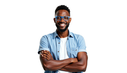 Smiling Black Man in Blue Shirt and Glasses