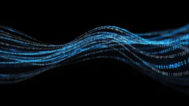 Digital Flow: An abstract digital representation of data streams in luminous blue, gracefully flowing against a deep black backdrop.