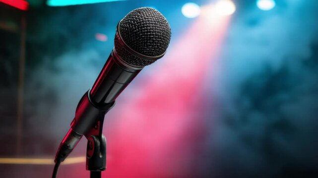 Microphone in Spotlight: Capturing the essence of live performance, this image showcases a microphone on a stand, illuminated by a vibrant spotlight against a backdrop of a smoky atmosphere.