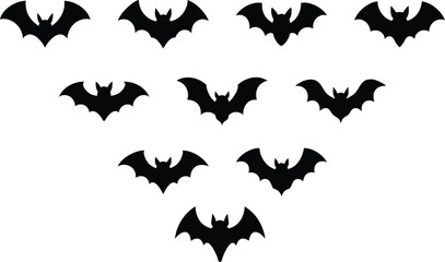 bats, bat silhouettes, flying bats, night creatures, spooky elements, Halloween icons, vector graphics, black and white illustrations
