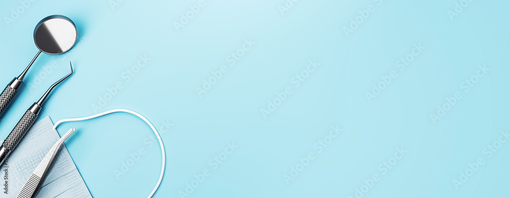 Poster dental tools with mirror, explorer, forceps and floss on blue background with copyspace for layout o
