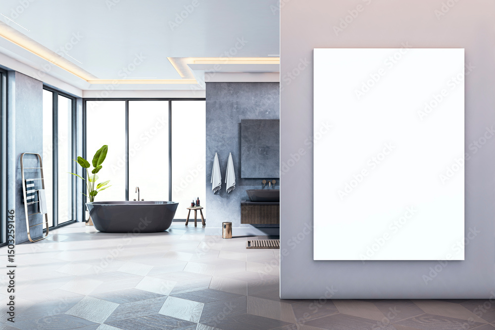 Aufkleber contemporary bathroom interior with blank vertical canvas frame on wall and modern tub near large wi