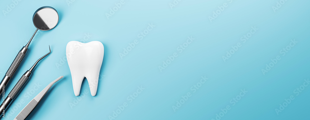 Poster dental tools and white tooth on blue background with clean layout and copyspace for dental health or