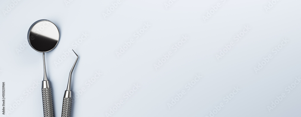 Poster dental mirror and probe tool on clean light background with copy space for medical or dental care la