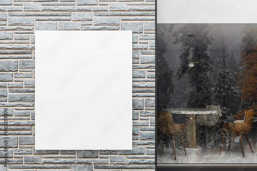 Aufkleber vertical blank poster on modern stone wall facade next to glass window showing outdoor forest view a