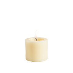 Minimalist white candle with a flickering flame, evoking calm and serenity. perfect for serene settings and elegant decor.