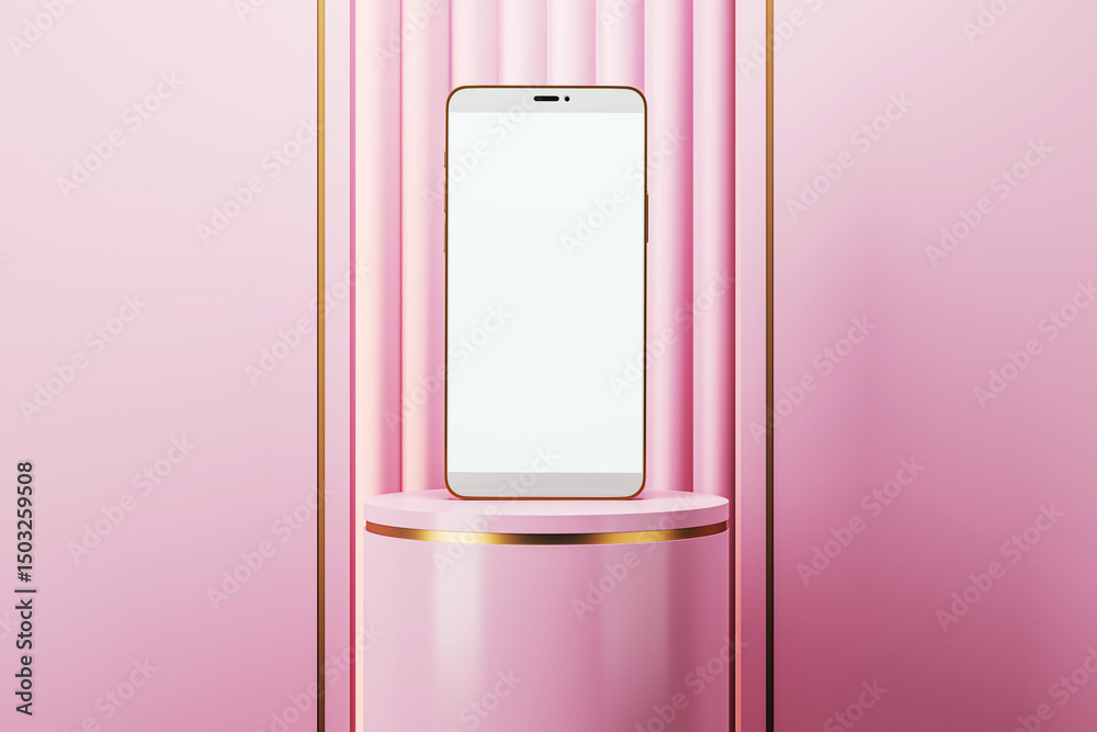 Poster Modern smartphone with blank screen on pink podium against striped background for product branding or display presentation template. 3D Rendering