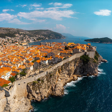 Aerial view of the coastal city of Dubrovnik. Tourist attraction of the historic city along the coast of Croatia in the Adriatic Sea